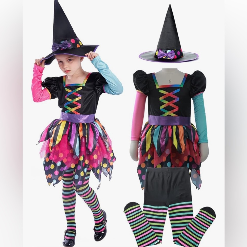 Colorful witch Halloween costume size medium 7/8 girls hat stockings dress
